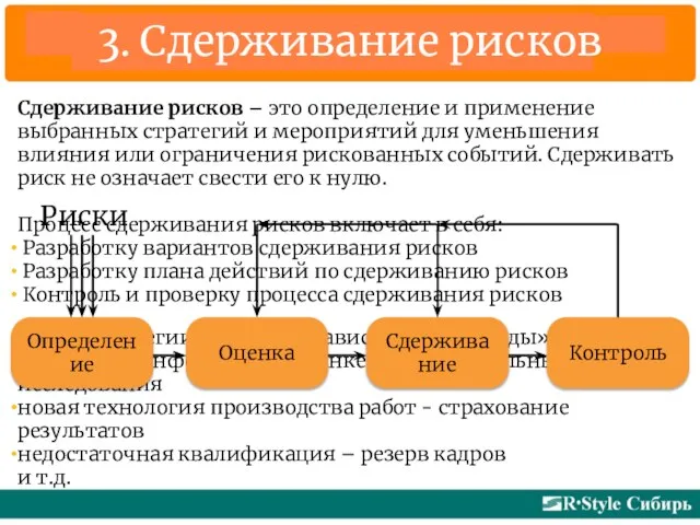 3. Сдерживание рисков Сдерживание рисков – это определение и применение выбранных