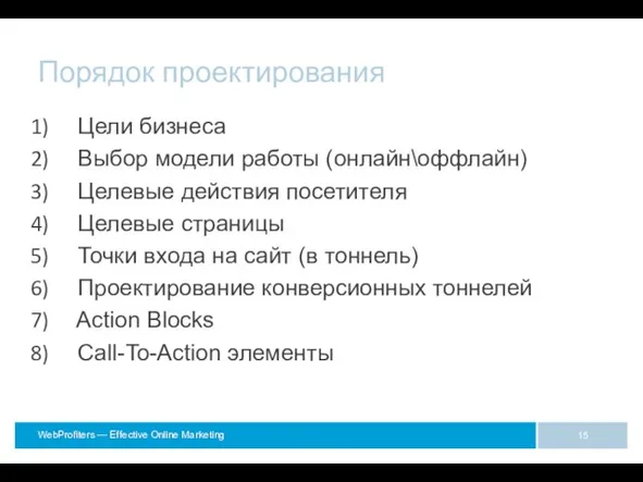 Порядок проектирования Цели бизнеса Выбор модели работы (онлайн\оффлайн) Целевые действия посетителя