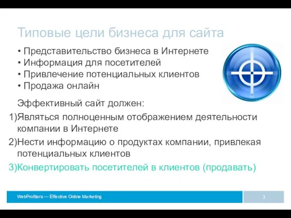 Типовые цели бизнеса для сайта Эффективный сайт должен: Являться полноценным отображением