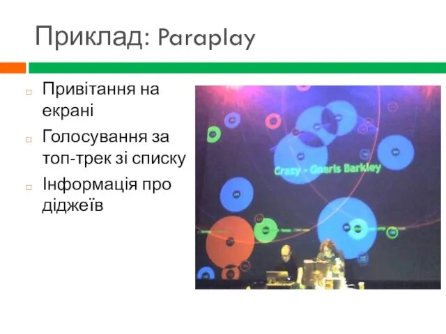 Приклад: Paraplay Привітання на екрані Голосування за топ-трек зі списку Інформація про діджеїв