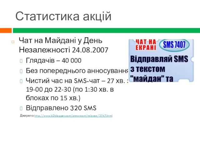 Статистика акцій Чат на Майдані у День Незалежності 24.08.2007 Глядачів –