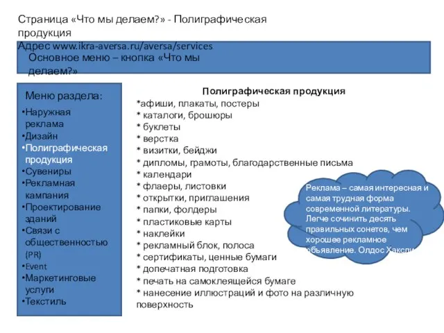 Страница «Что мы делаем?» - Полиграфическая продукция Адрес www.ikra-aversa.ru/aversa/services Меню раздела: