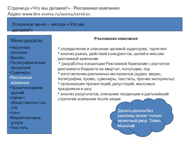 Страница «Что мы делаем?» - Рекламная кампания Адрес www.ikra-aversa.ru/aversa/services Меню раздела: