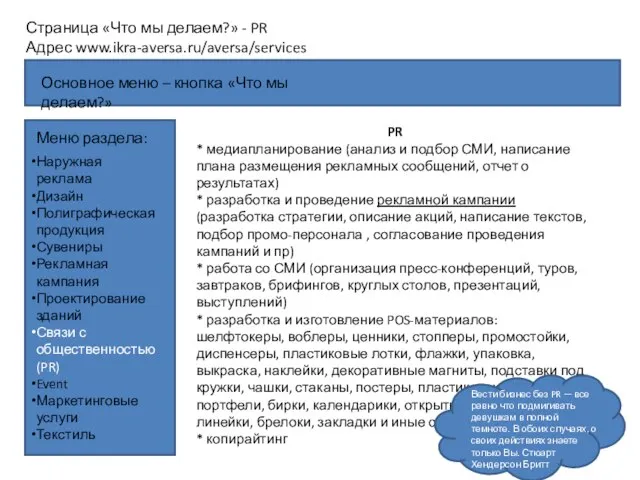 Страница «Что мы делаем?» - PR Адрес www.ikra-aversa.ru/aversa/services Меню раздела: PR