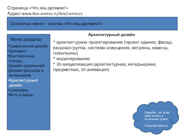 Основное меню – кнопка «Что мы делаем?» Страница «Что мы делаем?»