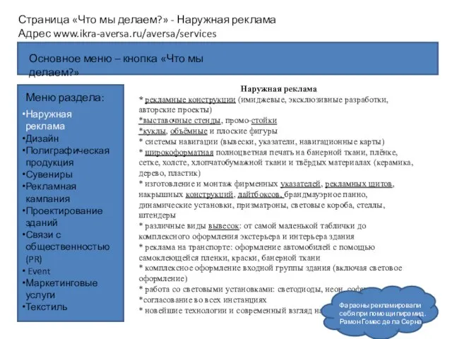 Страница «Что мы делаем?» - Наружная реклама Адрес www.ikra-aversa.ru/aversa/services Меню раздела: