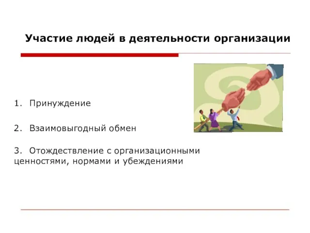 Участие людей в деятельности организации 1. Принуждение 2. Взаимовыгодный обмен 3.