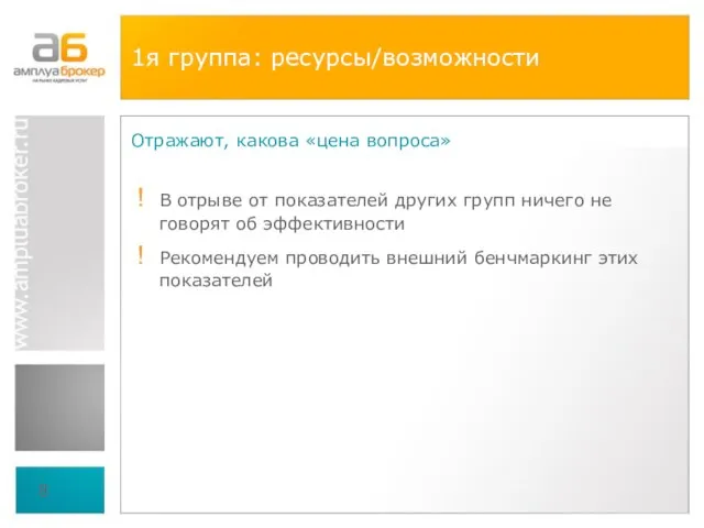 1я группа: ресурсы/возможности Отражают, какова «цена вопроса» В отрыве от показателей