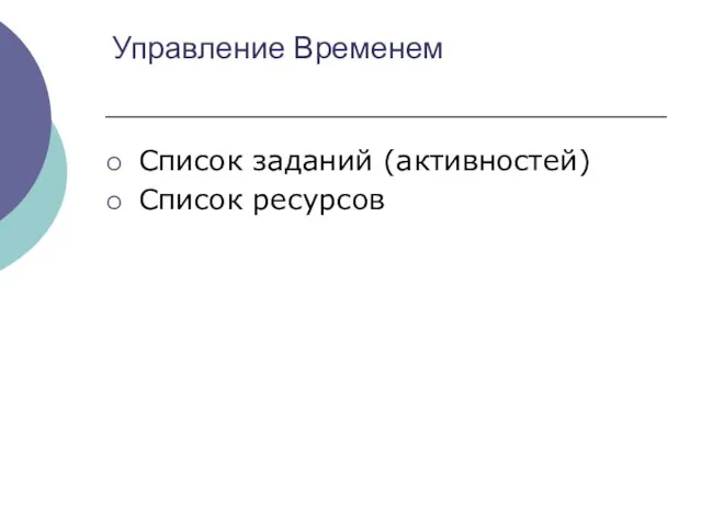 Управление Временем Список заданий (активностей) Список ресурсов