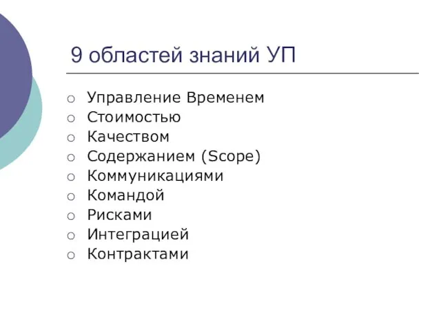 9 областей знаний УП Управление Временем Стоимостью Качеством Содержанием (Scope) Коммуникациями Командой Рисками Интеграцией Контрактами