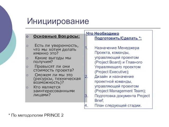 Инициирование Основные Вопросы: Есть ли уверенность, что мы хотим делать именно