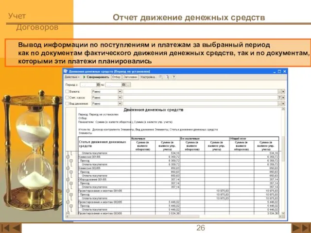 Отчет движение денежных средств Вывод информации по поступлениям и платежам за