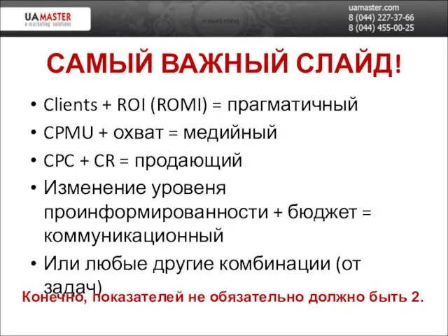 САМЫЙ ВАЖНЫЙ СЛАЙД! Clients + ROI (ROMI) = прагматичный CPMU +