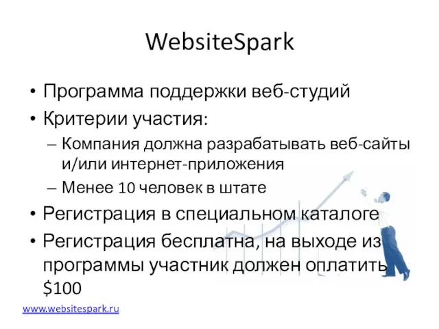WebsiteSpark Программа поддержки веб-студий Критерии участия: Компания должна разрабатывать веб-сайты и/или