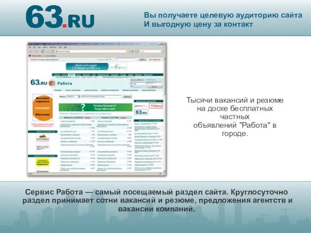 Сервис Работа — самый посещаемый раздел сайта. Круглосуточно раздел принимает сотни