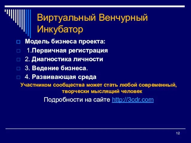 Виртуальный Венчурный Инкубатор Модель бизнеса проекта: 1.Первичная регистрация 2. Диагностика личности