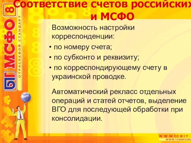 Возможность настройки корреспонденции: по номеру счета; по субконто и реквизиту; по