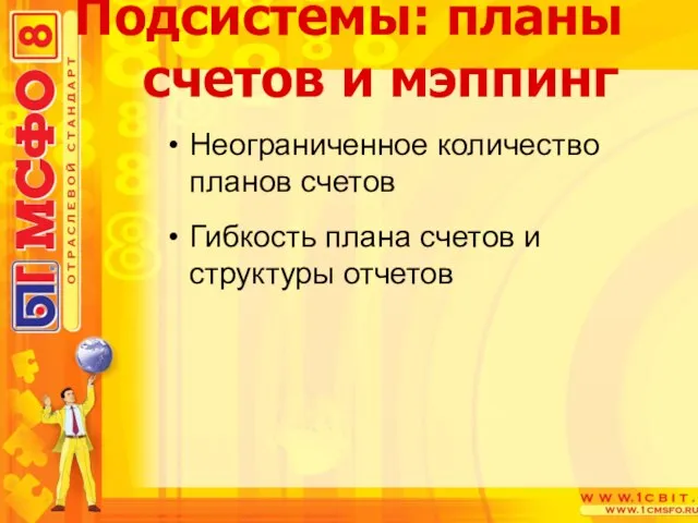 Неограниченное количество планов счетов Гибкость плана счетов и структуры отчетов Подсистемы: планы счетов и мэппинг