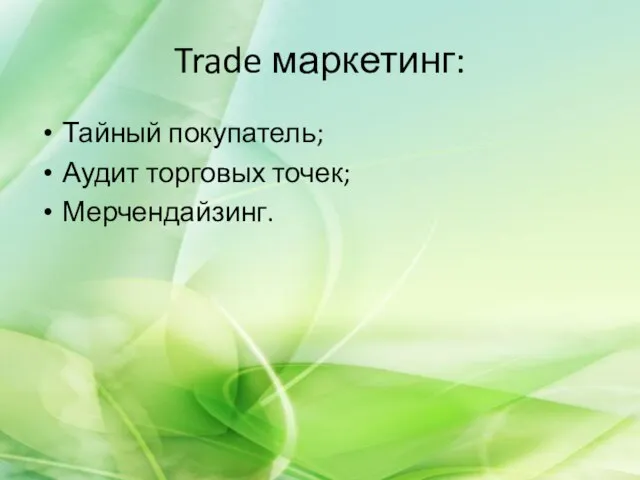 Trade маркетинг: Тайный покупатель; Аудит торговых точек; Мерчендайзинг.