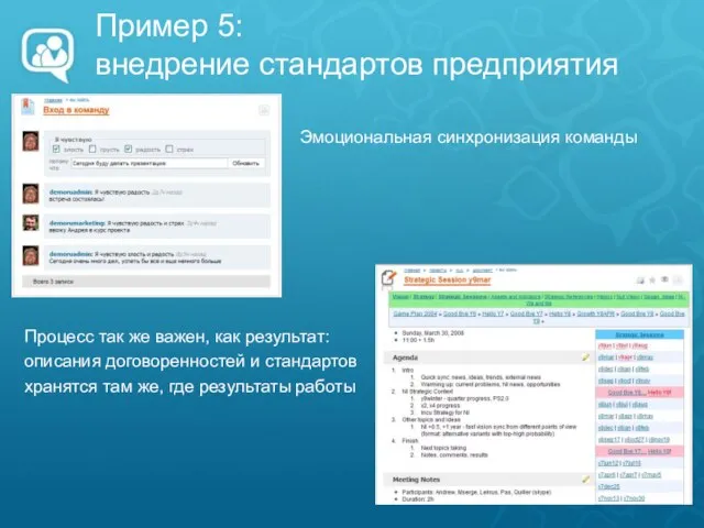 Пример 5: внедрение стандартов предприятия Эмоциональная синхронизация команды Процесс так же