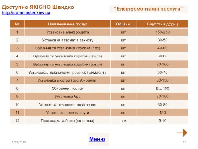 Доступно ЯКІСНО Швидко http://dommaster.kiev.ua 1/19/2010 Меню