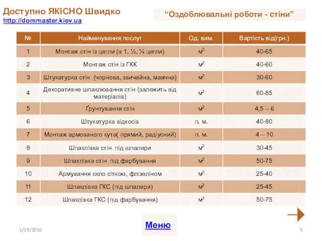 Доступно ЯКІСНО Швидко http://dommaster.kiev.ua 1/19/2010 Меню