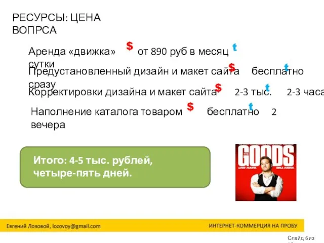 Слайд 6 из 16 РЕСУРСЫ: ЦЕНА ВОПРСА Аренда «движка» от 890