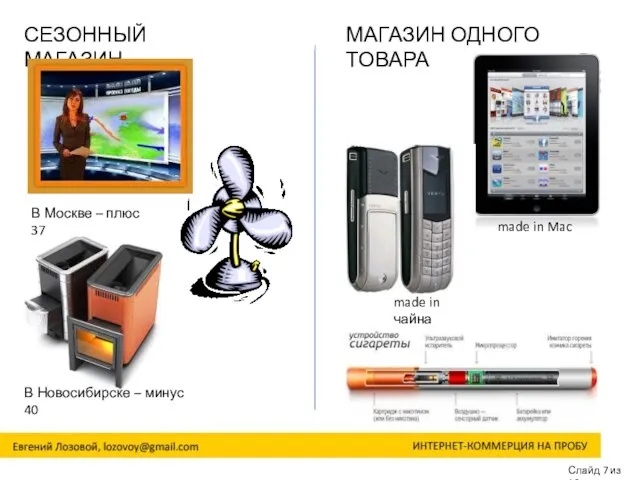 Слайд 7 из 16 СЕЗОННЫЙ МАГАЗИН МАГАЗИН ОДНОГО ТОВАРА made in