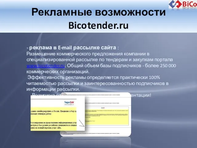 Рекламные возможности Bicotender.ru - реклама в E-mail рассылке сайта : Размещение