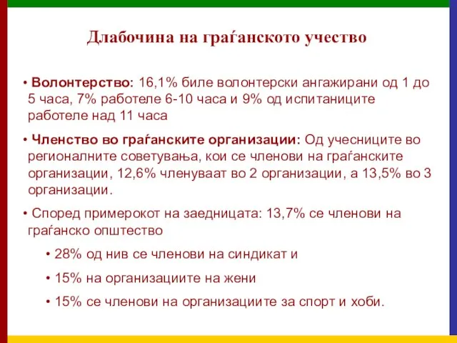 Длабочина на граѓанското учество Волонтерство: 16,1% биле волонтерски ангажирани од 1