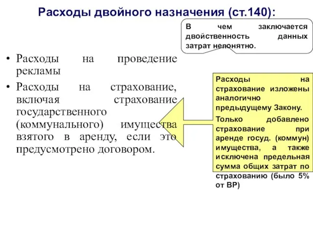 Расходы двойного назначения (ст.140): Расходы на страхование изложены аналогично предыдущему Закону.