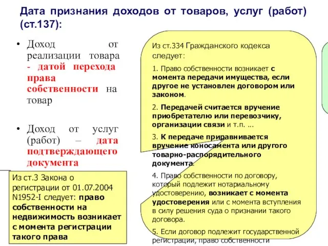 Дата признания доходов от товаров, услуг (работ) (ст.137): Из ст.334 Гражданского