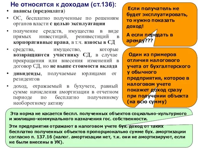 Не относятся к доходам (ст.136): Если получатель не будет эксплуатировать, то