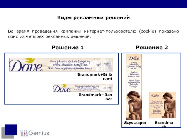 Во время проведения кампании интернет-пользователю (cookie) показано одно из четырех рекламных решений. Виды рекламных решений