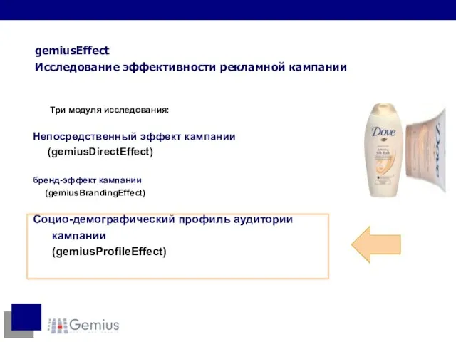 Три модуля исследования: Непосредственный эффект кампании (gemiusDirectEffect) бренд-эффект кампании (gemiusBrandingEffect) Социо-демографический