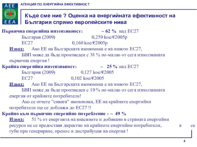 Първична енергийна интензивност: ~ 62 % над ЕС27 България (2009) 0,259