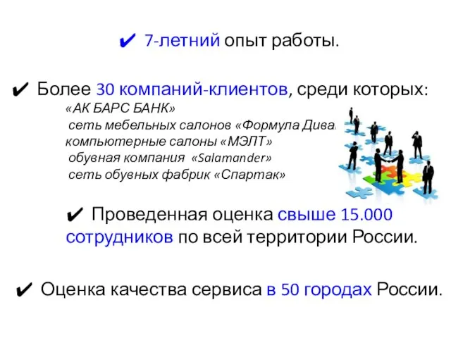 7-летний опыт работы. Более 30 компаний-клиентов, среди которых: «АК БАРС БАНК»