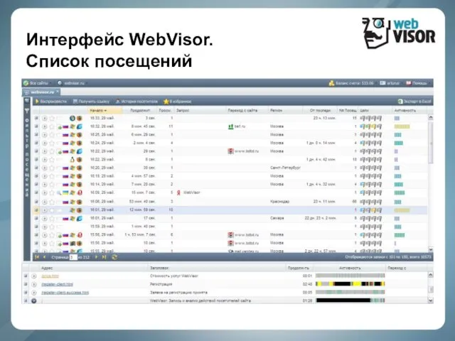 Интерфейс WebVisor. Список посещений