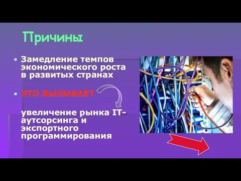 Причины Замедление темпов экономического роста в развитых странах ЭТО ВЫЗЫВАЕТ увеличение рынка IT-аутсорсинга и экспортного программирования