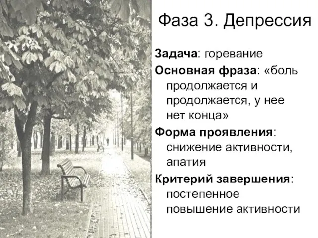 Фаза 3. Депрессия Задача: горевание Основная фраза: «боль продолжается и продолжается,