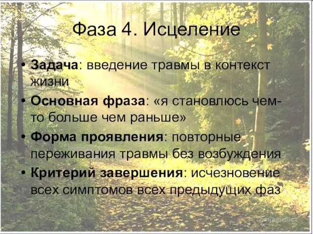 Фаза 4. Исцеление Задача: введение травмы в контекст жизни Основная фраза: