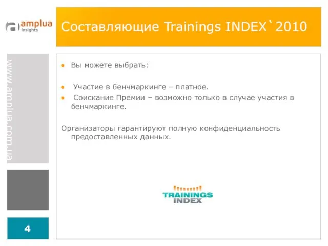 Составляющие Trainings INDEX`2010 Вы можете выбрать: Участие в бенчмаркинге – платное.