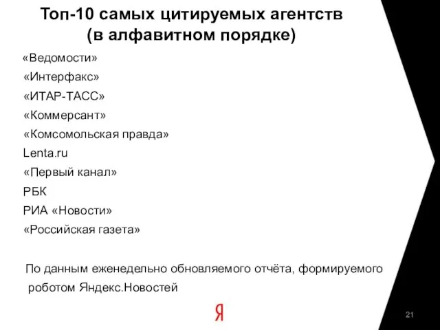 Топ-10 самых цитируемых агентств (в алфавитном порядке) «Ведомости» «Интерфакс» «ИТАР-ТАСС» «Коммерсант»