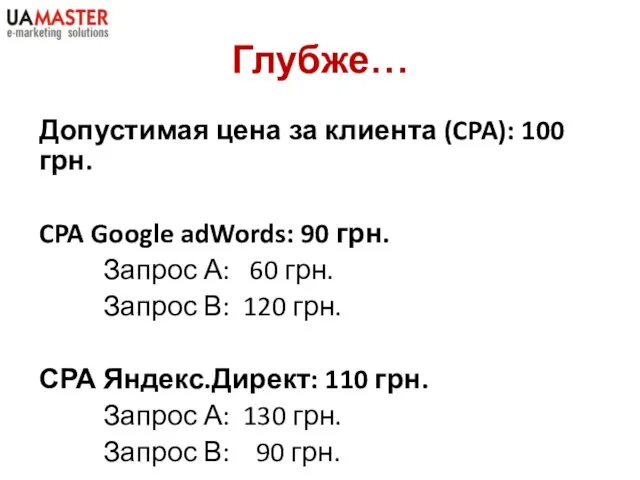 Глубже… Допустимая цена за клиента (CPA): 100 грн. CPA Google adWords: