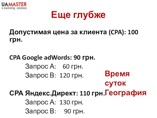 Еще глубже Допустимая цена за клиента (CPA): 100 грн. CPA Google