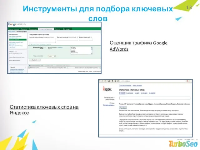 Инструменты для подбора ключевых слов Оценщик трафика Google AdWords Статистика ключевых слов на Яндексе