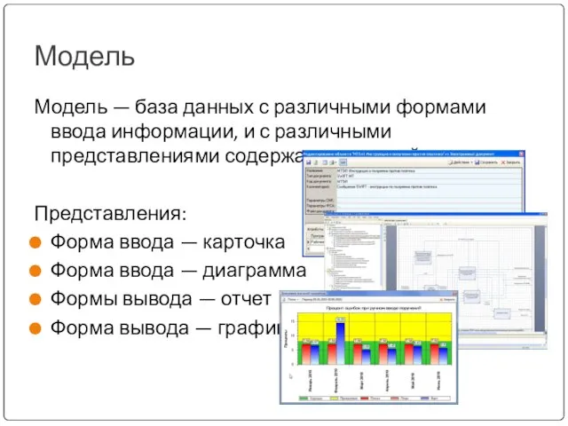 Модель Модель — база данных с различными формами ввода информации, и