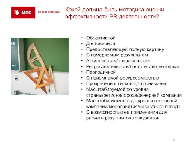 Какой должна быть методика оценки эффективности PR деятельности? Объективной Достоверной Предоставляющей