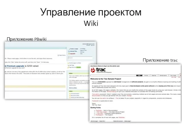 Управление проектом Wiki Приложение PBwiki Приложение trac