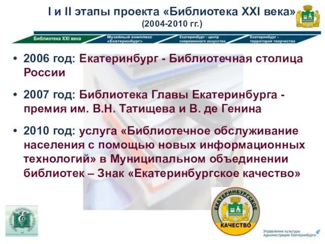 2006 год: Екатеринбург - Библиотечная столица России 2007 год: Библиотека Главы